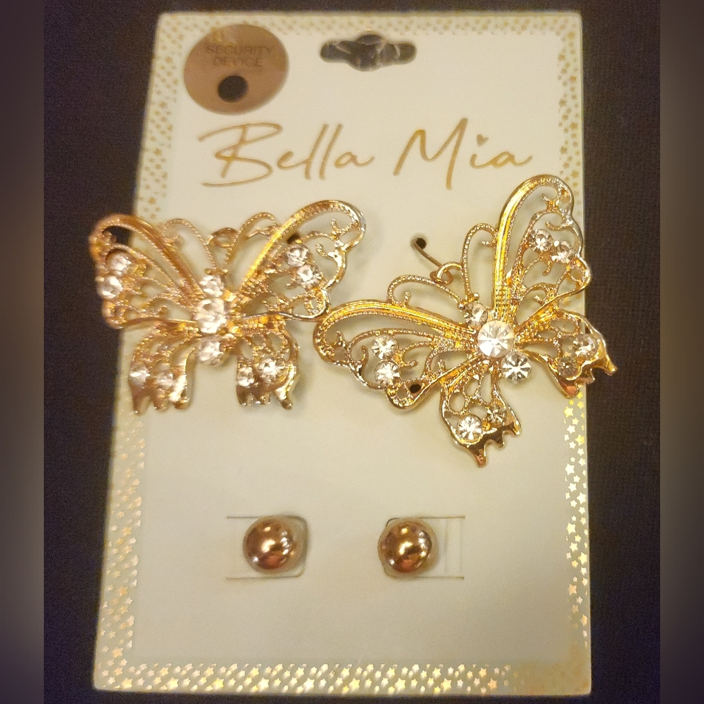 Bella Mia Gold Tone Butterfly Earrings with Rhinestones Set